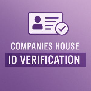 Companies House ID verification concept graphic with ID card and checkmark, purple background.
